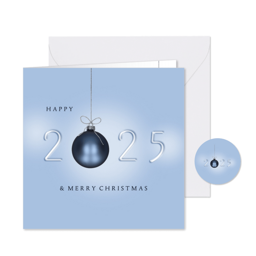 Kerstkaart 2025 blauw kerstballen - Kaartimpressie