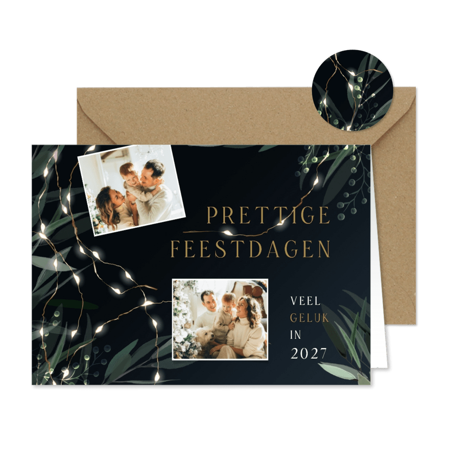 Kerstkaart 2026-2027 met 2 foto's en takjes - Kaartimpressie