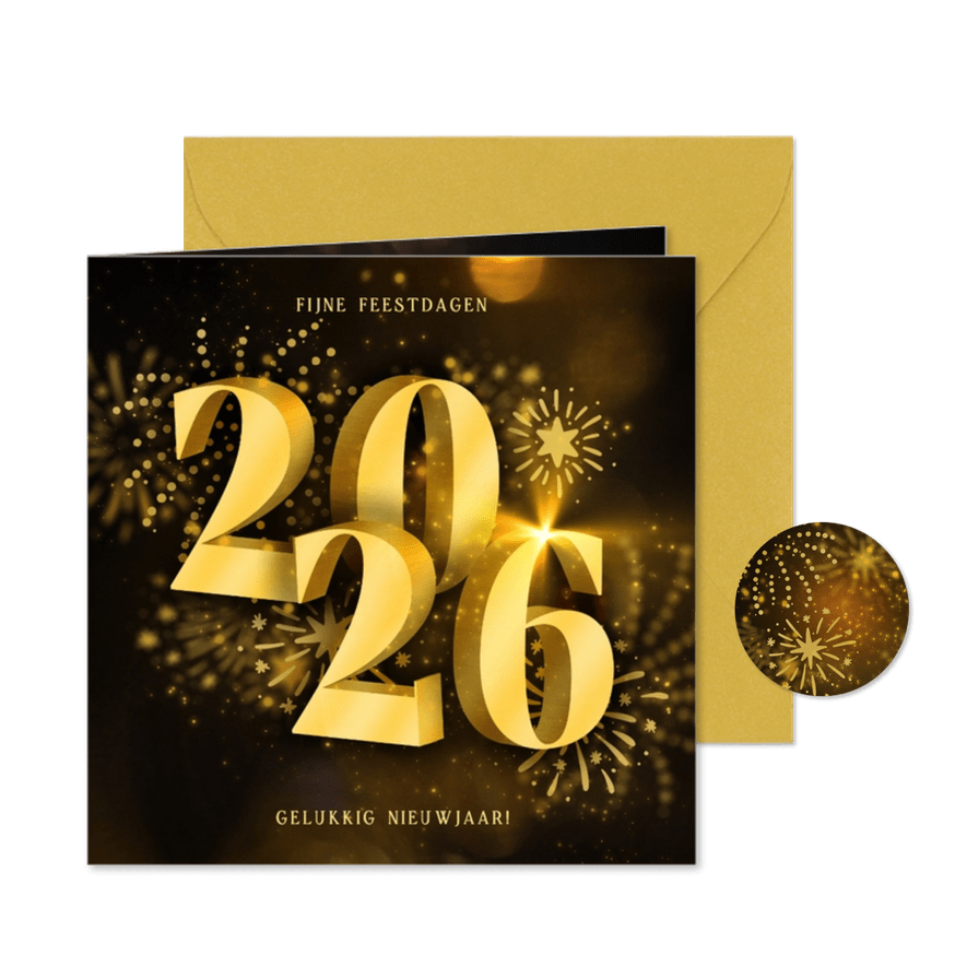 Kerstkaart 2026 3D met vuurwerk - Kaartimpressie
