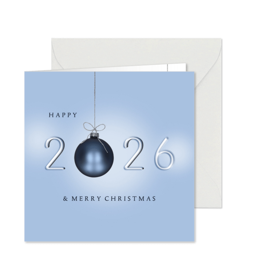 Kerstkaart 2026 blauw kerstballen - Kaartimpressie