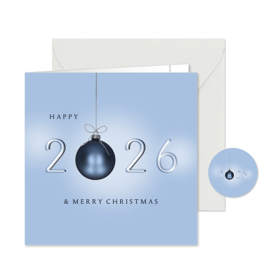 Kerstkaart 2026 blauw kerstballen - Kaartimpressie