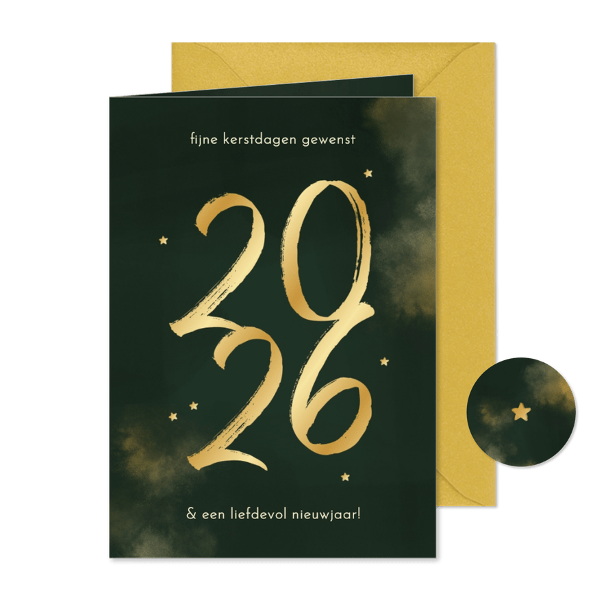 Kerstkaart 2026 donkergroen goud waterverf sterretjes - Kaartimpressie