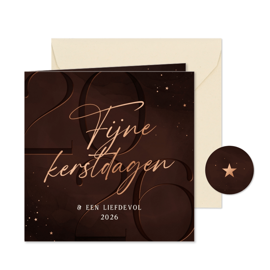 Kerstkaart 2026 donkerrood fijne kerstdagen koper - Kaartimpressie