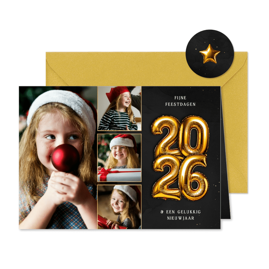 Kerstkaart 2026 folieballon fotocollage goud - Kaartimpressie