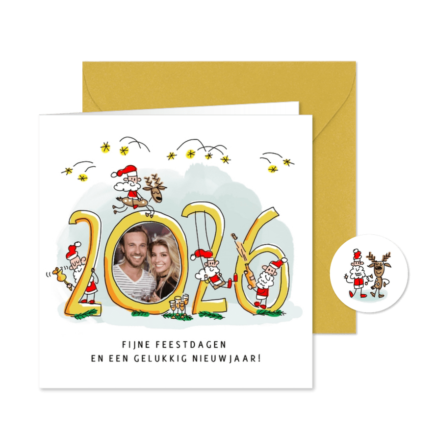Kerstkaart 2026 foto en met kerstmannen - Kaartimpressie