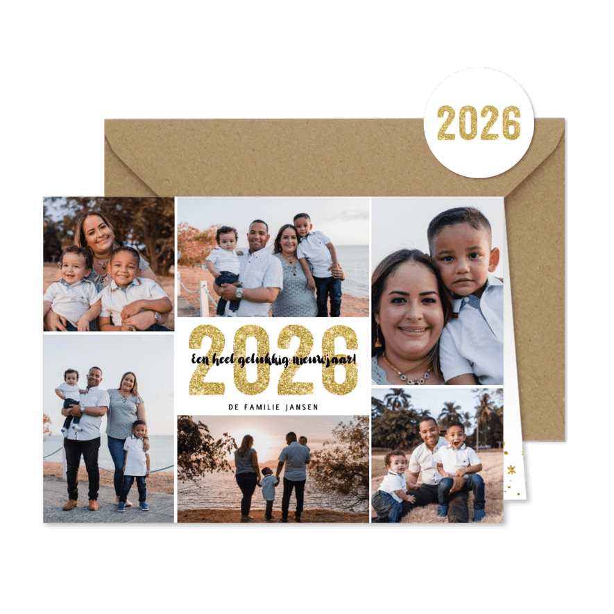 Kerstkaart 2026 goud glitter letters groot - Kaartimpressie