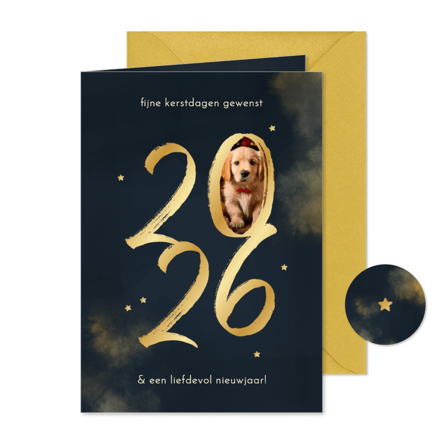 Kerstkaart 2026 goud met foto en sterretjes - Kaartimpressie