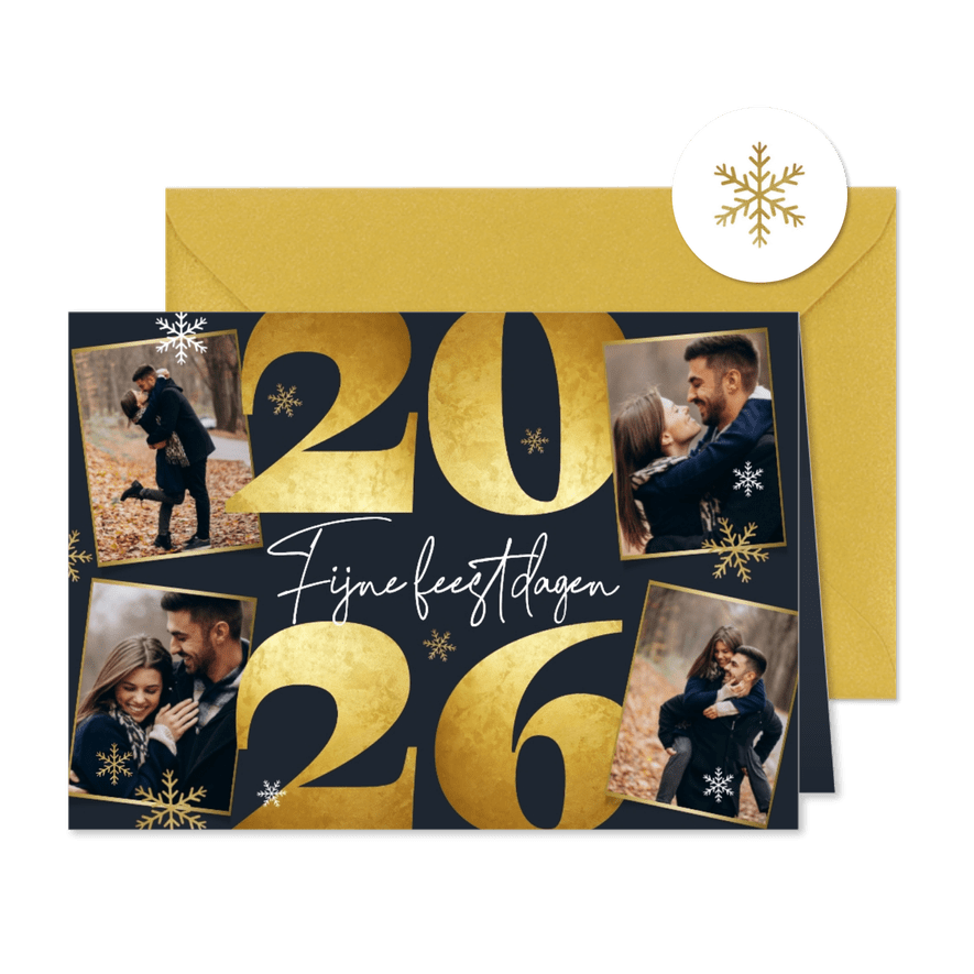 Kerstkaart 2026 goud sneeuwvlokken foto's - Kaartimpressie