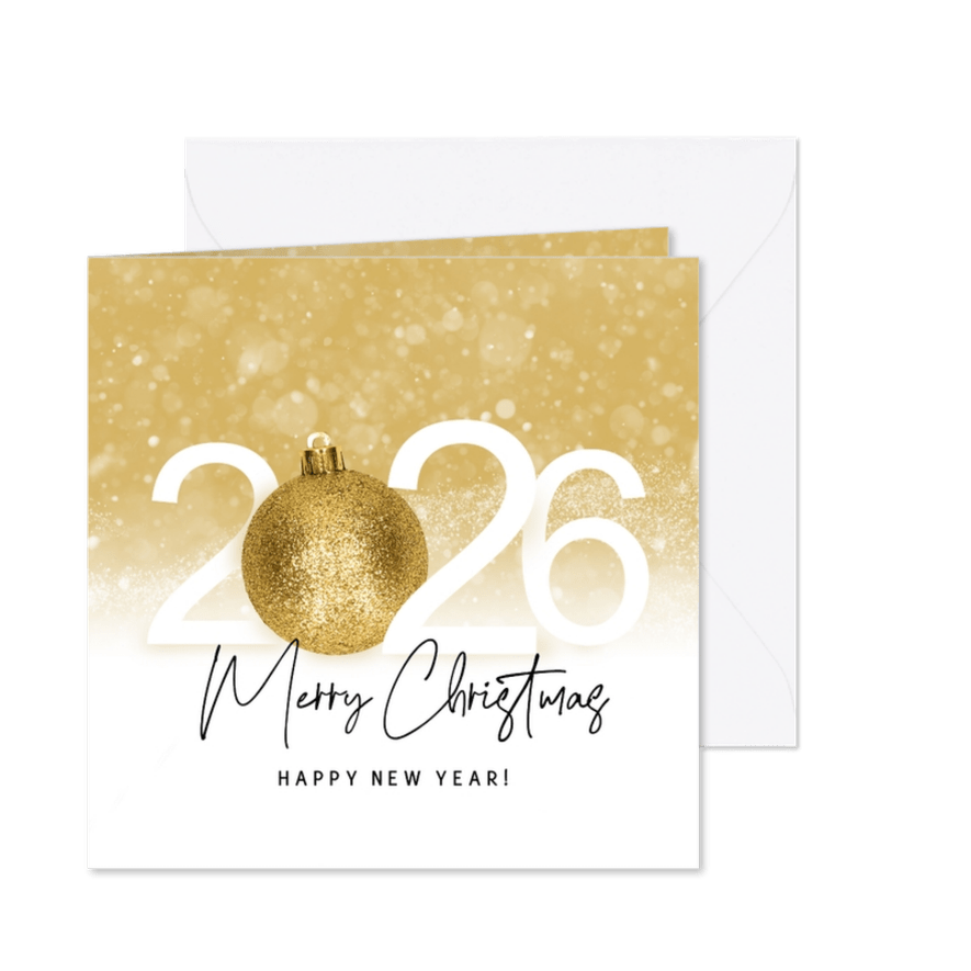 Kerstkaart 2026 gouden kerstbal en sneeuw - Kaartimpressie