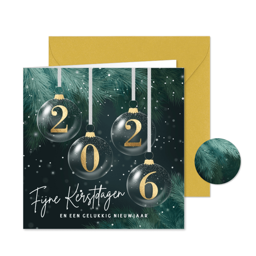 Kerstkaart 2026 gouden kerstballen groene takken - Kaartimpressie