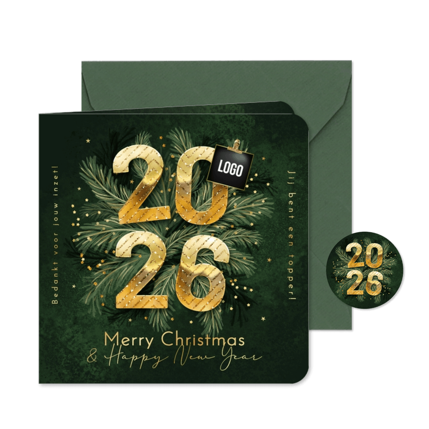 Kerstkaart 2026 groen dennentakjes goud bedankt topper - Kaartimpressie