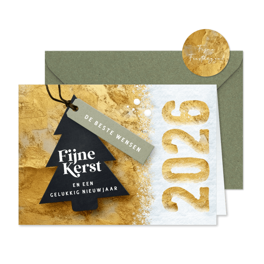 Kerstkaart 2026 in goud met kerstboom label - Kaartimpressie