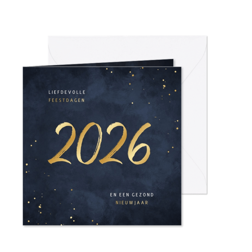 Kerstkaart 2026 jaartal goud spetters blauw - Kaartimpressie