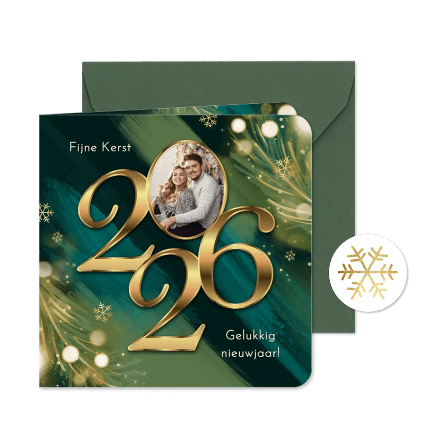 Kerstkaart 2026 jaartal goud verf rood blauw lichtjes foto - Kaartimpressie