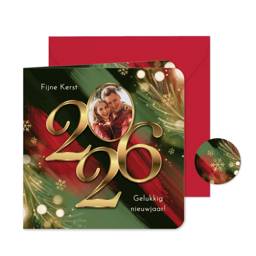 Kerstkaart 2026 jaartal goud verf rood groen lichtjes foto - Kaartimpressie