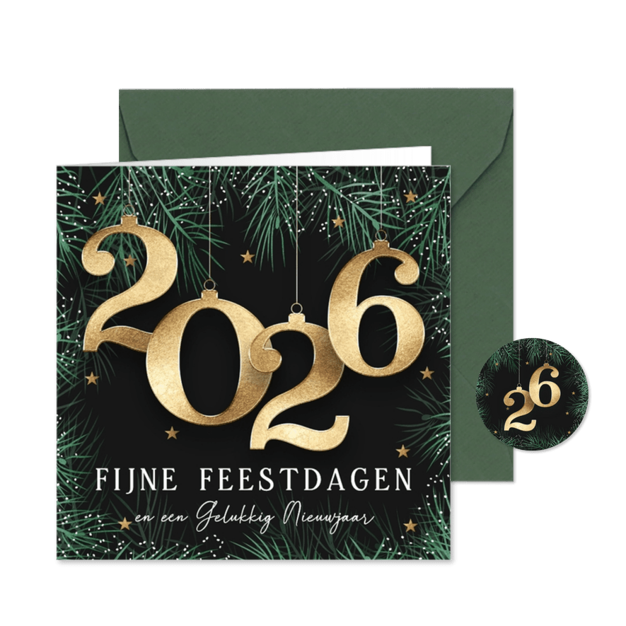 Kerstkaart 2026 kerstballen in goud - Kaartimpressie