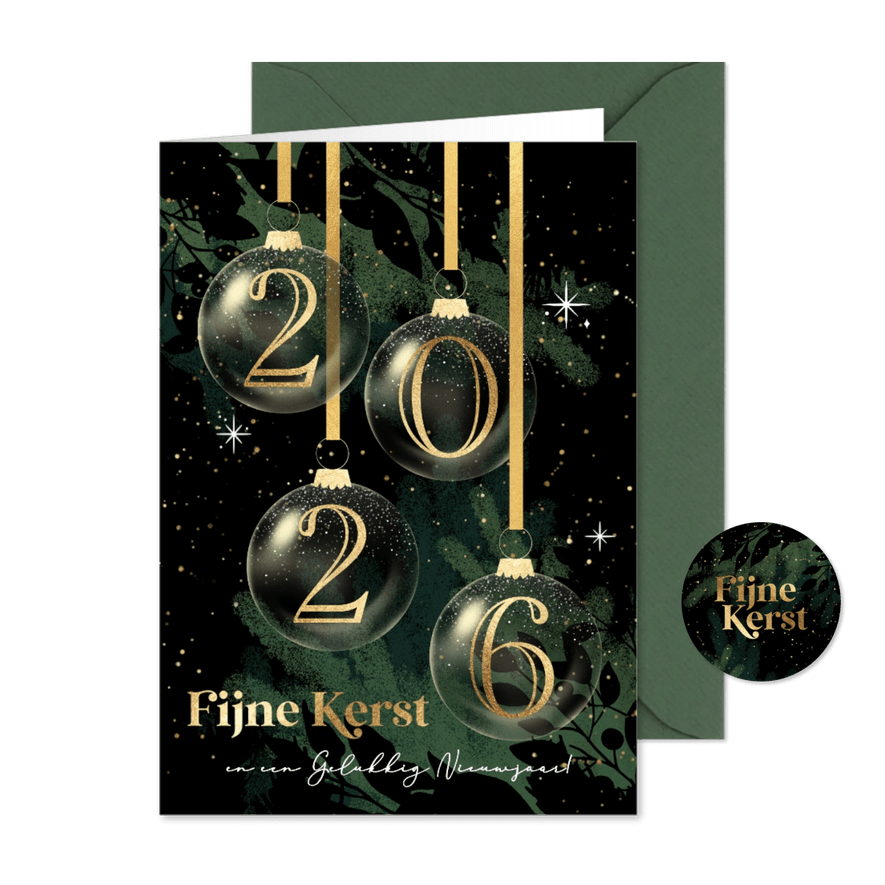 Kerstkaart 2026 kerstballen kerst takken - Kaartimpressie