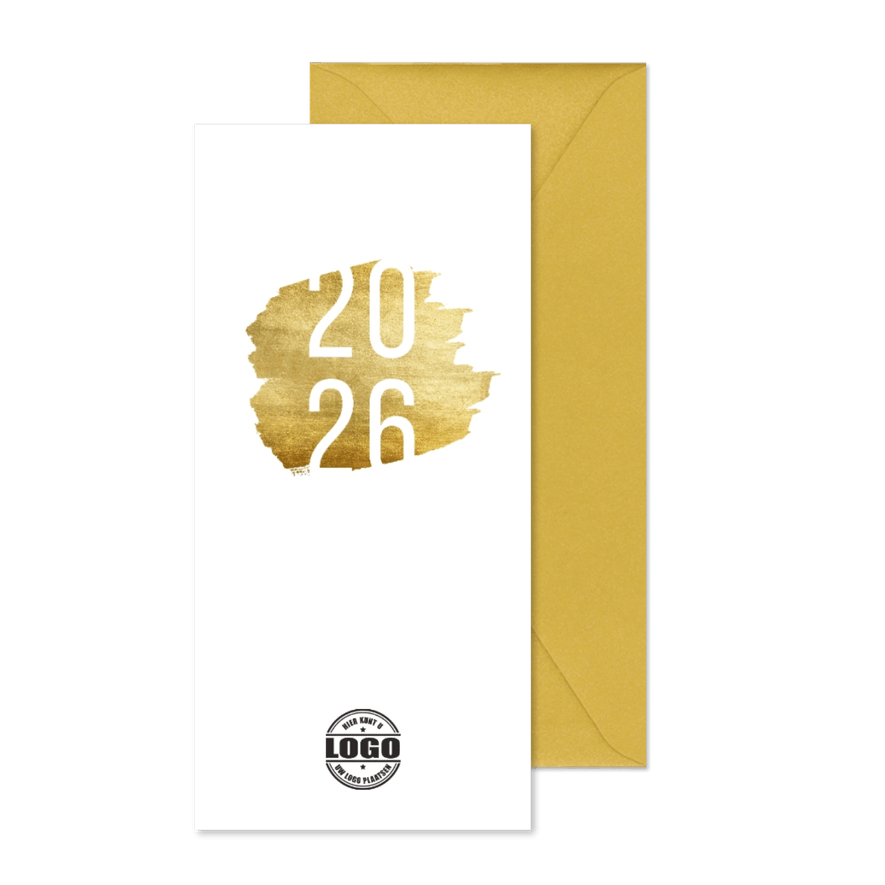 Kerstkaart '2026' langwerpig met goudaccent - Kaartimpressie
