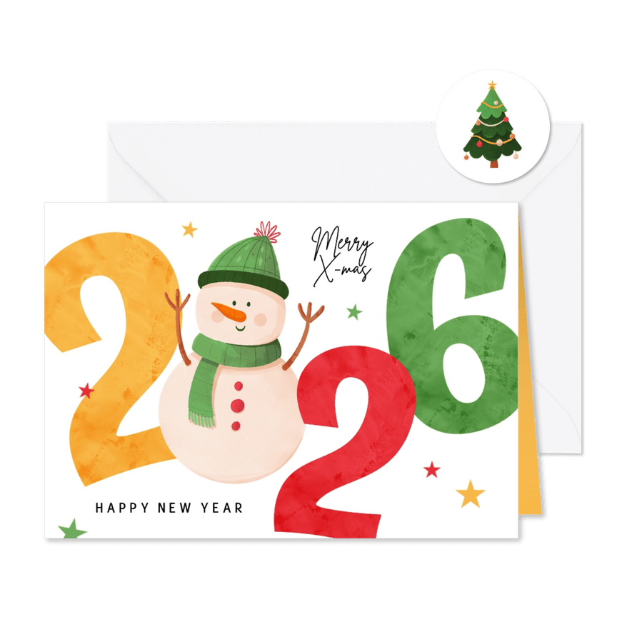 Kerstkaart 2026 merry christmas vrolijk sneeuwpop sterren - Kaartimpressie