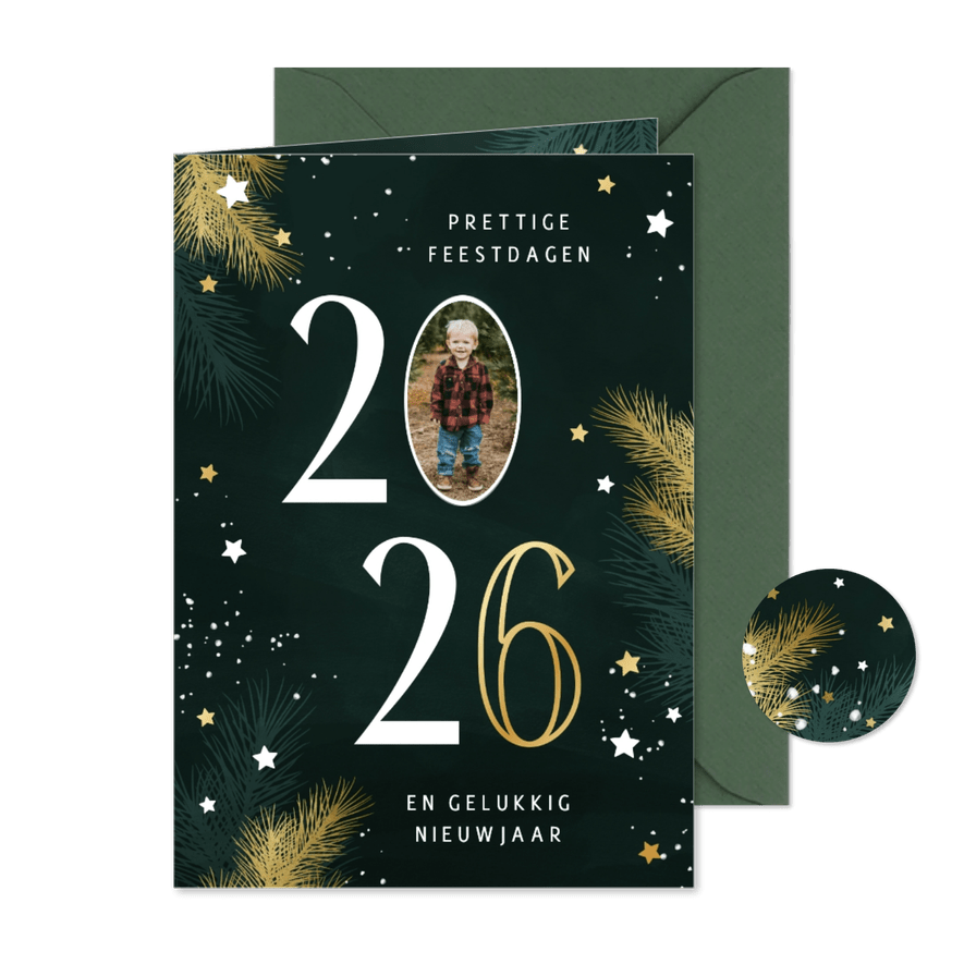 Kerstkaart 2026 met foto kersttakjes en gouden sterren - Kaartimpressie