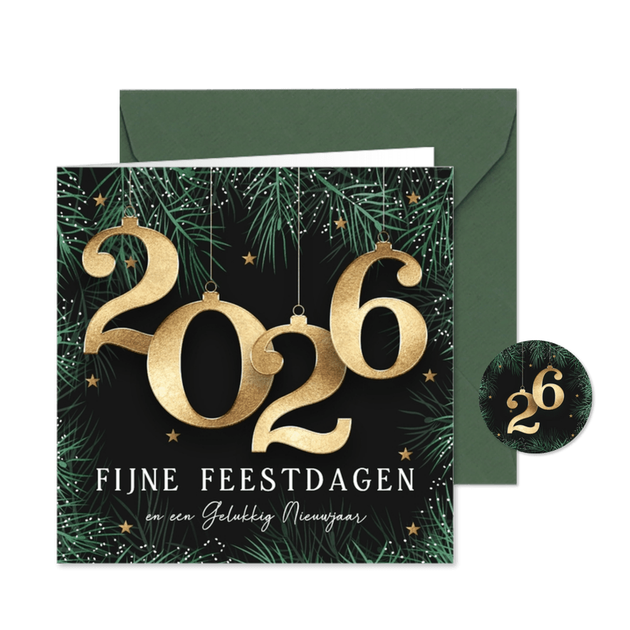Kerstkaart 2026 met kerstballen in goud - Kaartimpressie