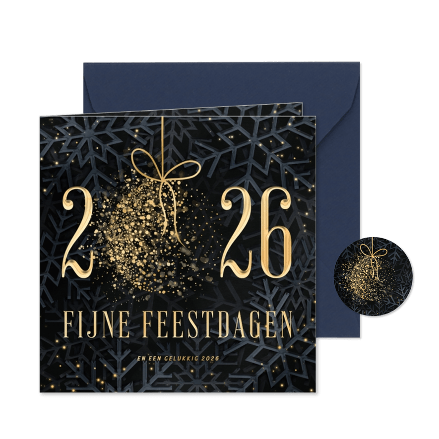Kerstkaart 2026 met sprankelende kerstbal en sneeuw - Kaartimpressie