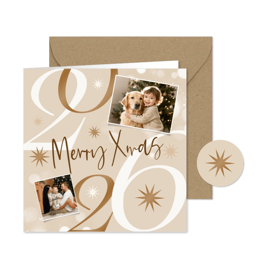 Kerstkaart 2026 modern sprankelend sterren foto champagne - Kaartimpressie