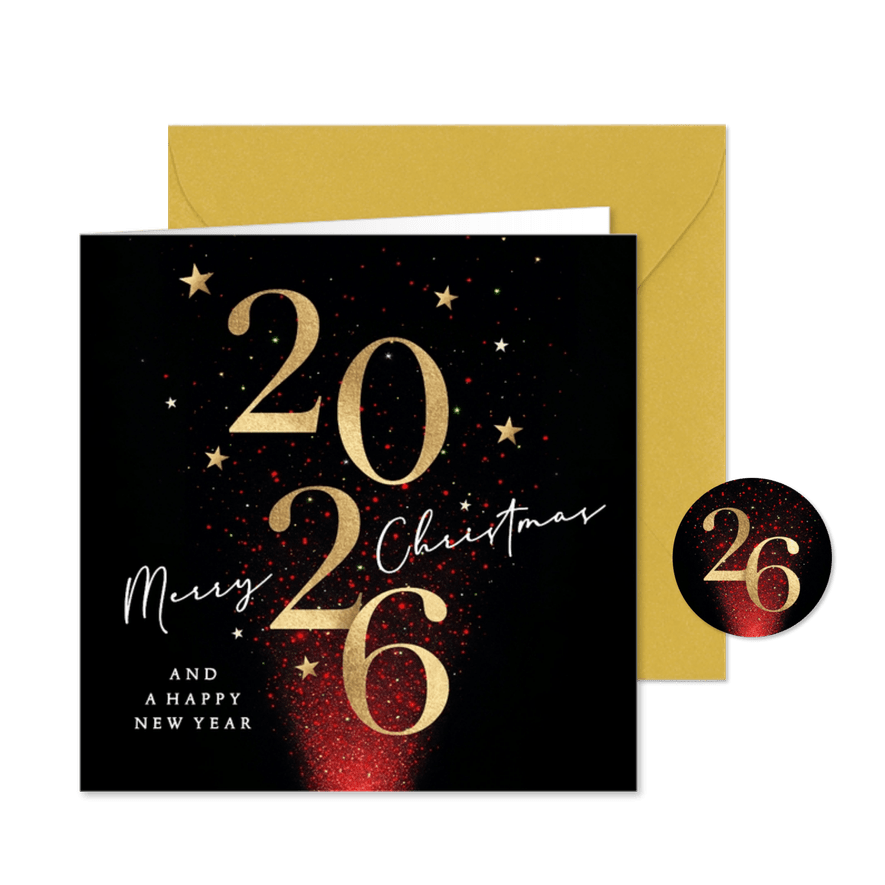 Kerstkaart 2026 rood sprankelende sterren - Kaartimpressie