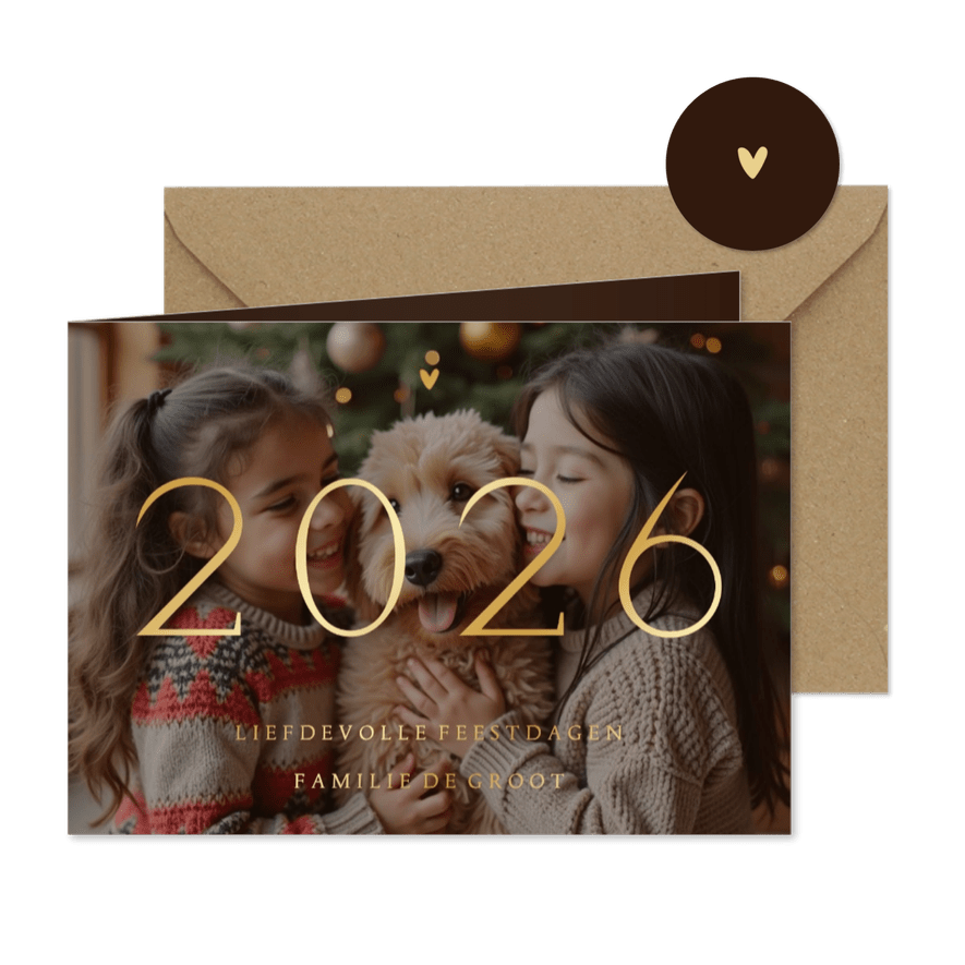 Kerstkaart 2026 transparante foto met goudfolie - Kaartimpressie