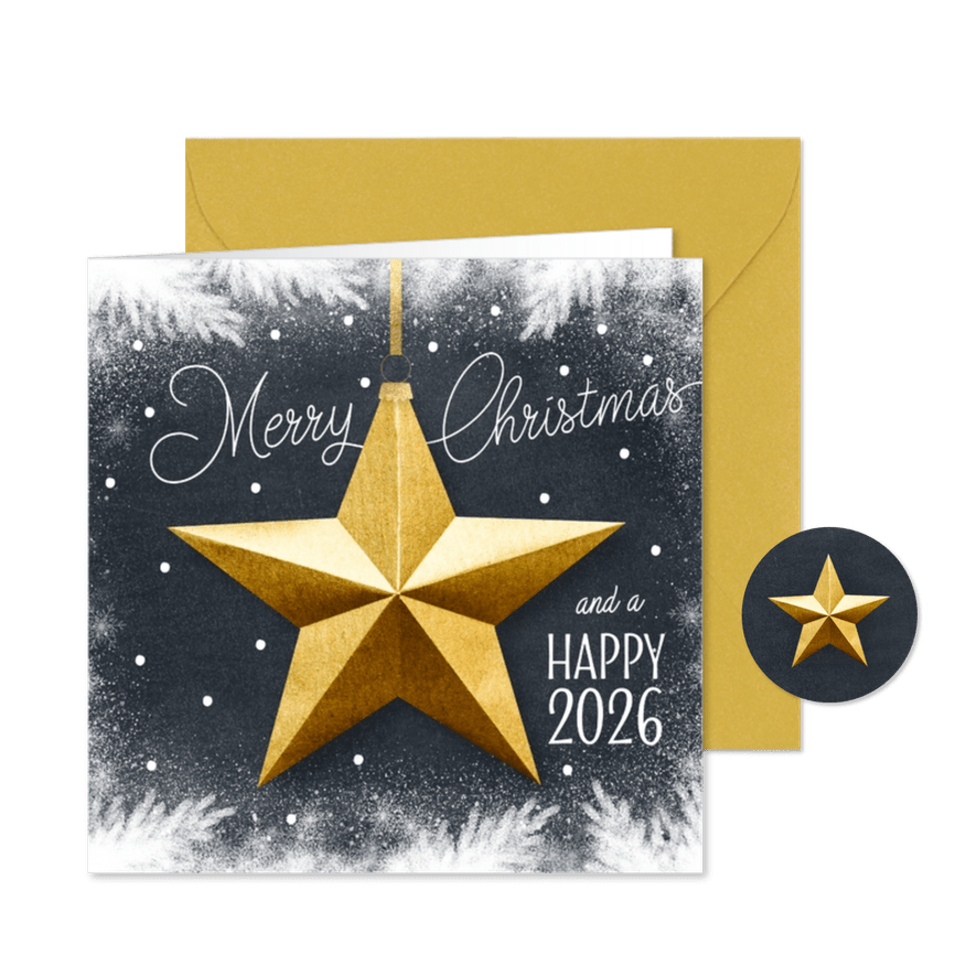 Kerstkaart 2026 trendy ster goud zwart  - Kaartimpressie