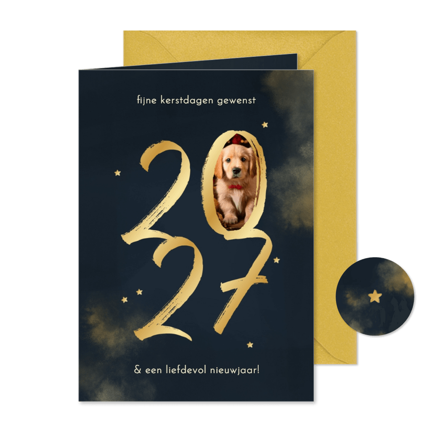 Kerstkaart 2027 goud met foto en sterretjes - Kaartimpressie