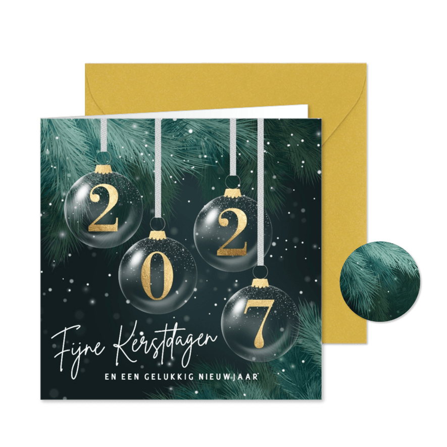 Kerstkaart 2027 gouden kerstballen groene takken - Kaartimpressie