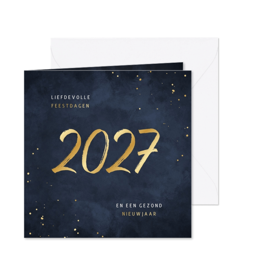 Kerstkaart 2027 jaartal goud spetters blauw - Kaartimpressie