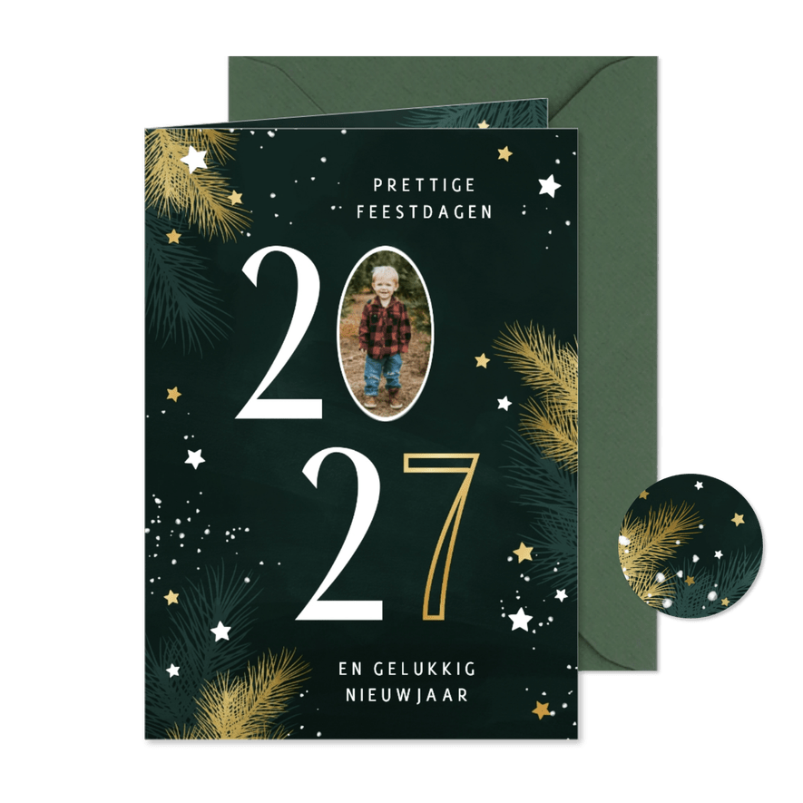 Kerstkaart 2027 met foto kersttakjes en gouden sterren - Kaartimpressie