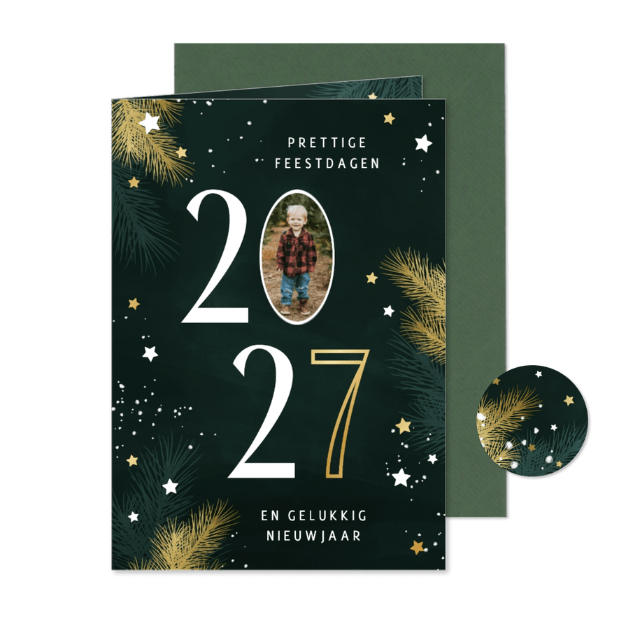 Kerstkaart 2027 met foto kersttakjes en gouden sterren - Kaartimpressie