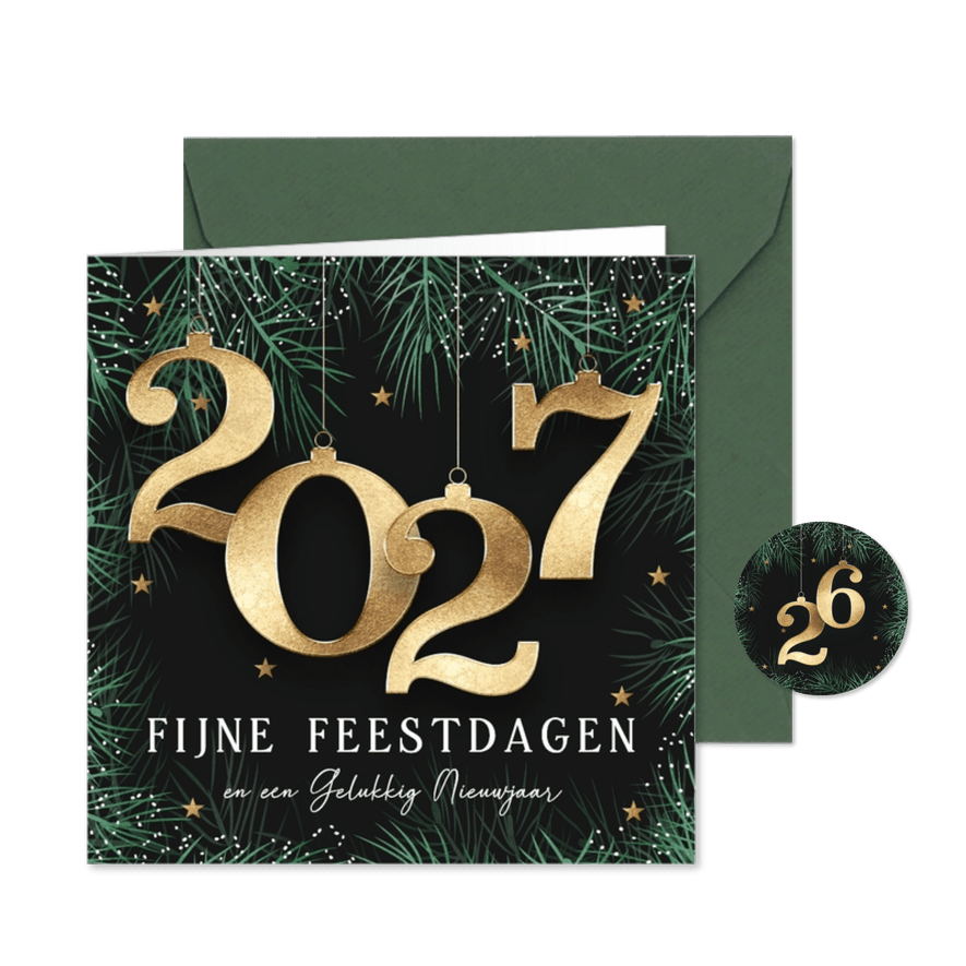 Kerstkaart 2027 met kerstballen in goud - Kaartimpressie
