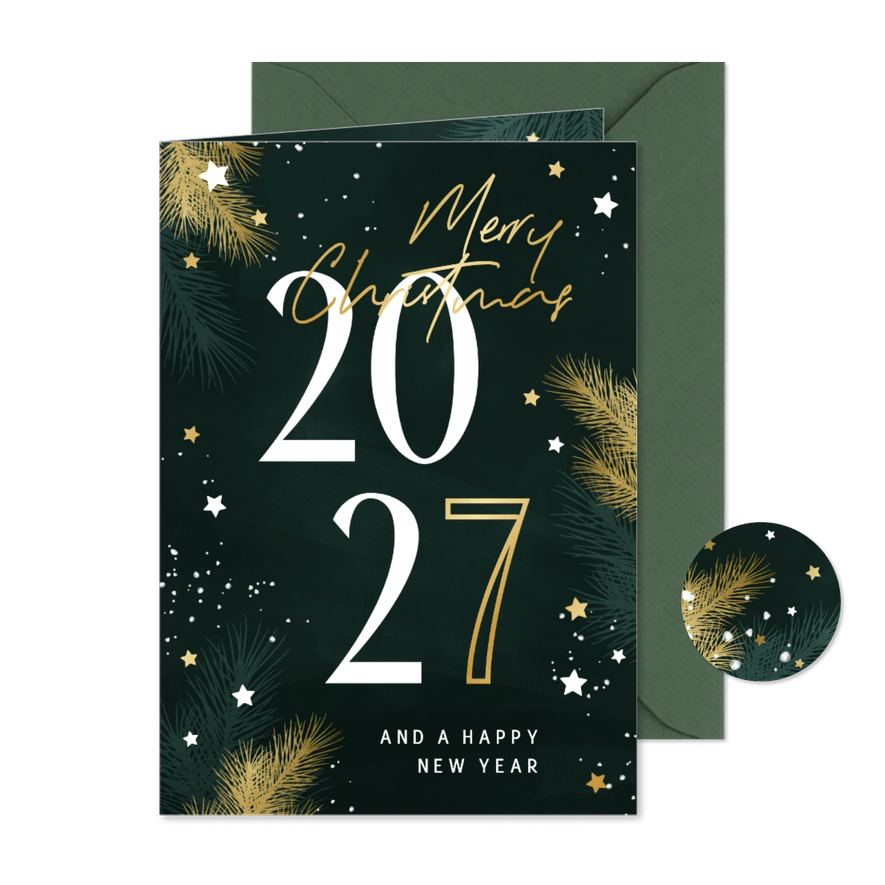 Kerstkaart 2027 met kersttakjes en gouden sterren - Kaartimpressie