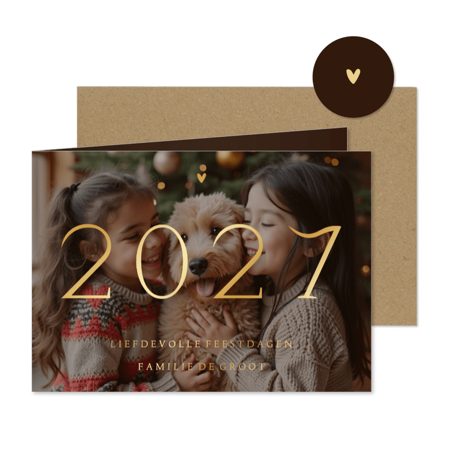 Kerstkaart 2027 transparante foto met goudfolie - Kaartimpressie