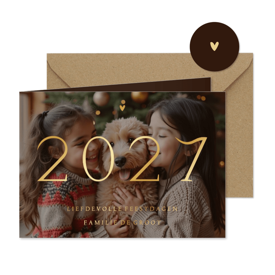 Kerstkaart 2027 transparante foto met goudfolie - Kaartimpressie