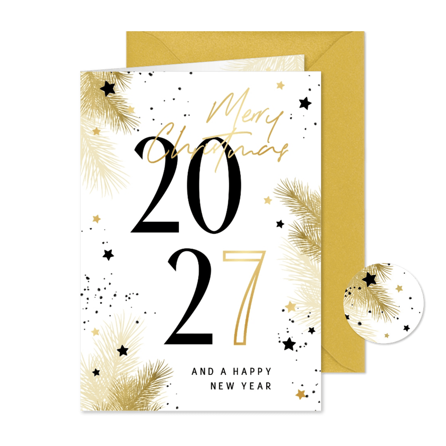 Kerstkaart 2027 zwart-wit met takjes en sterren - Kaartimpressie