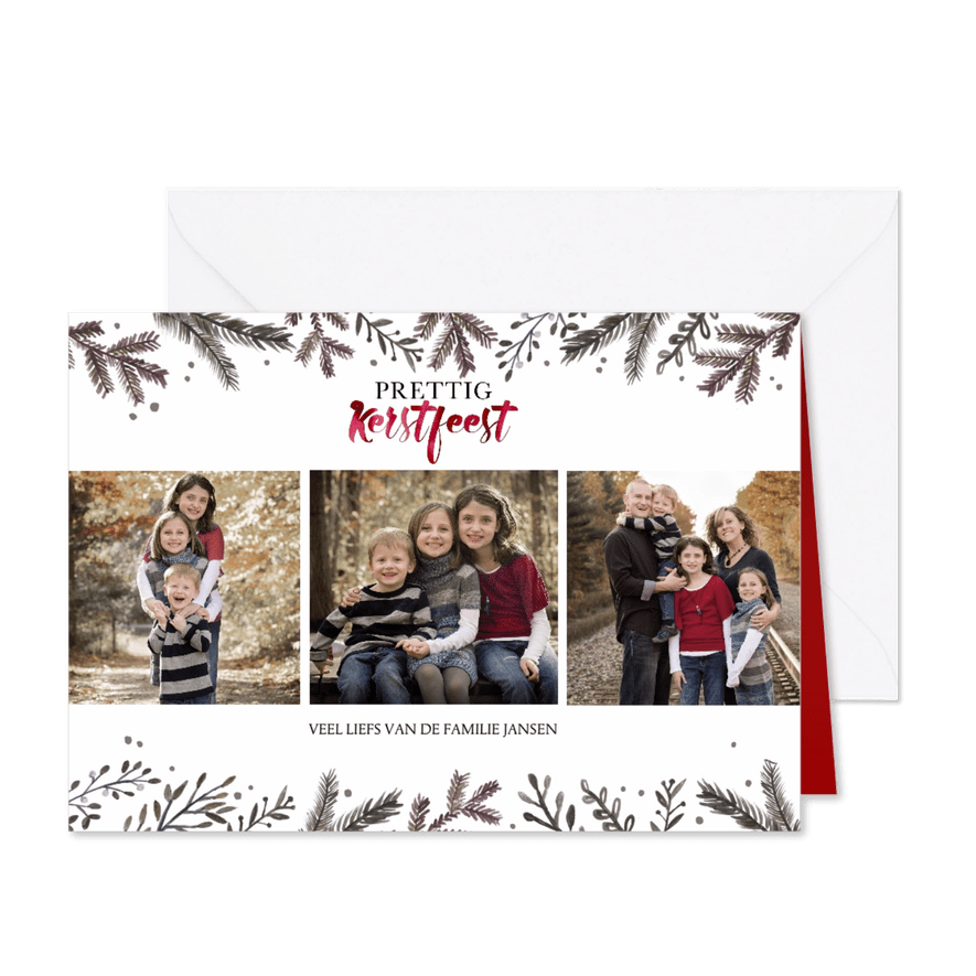 Kerstkaart 3 foto's dennentakjes - Kaartimpressie
