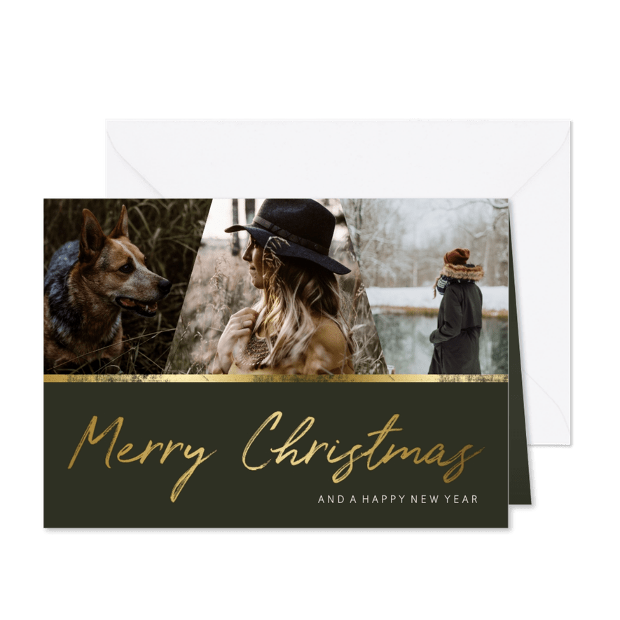 Kerstkaart 3 foto's en gouden kerstwens - Kaartimpressie