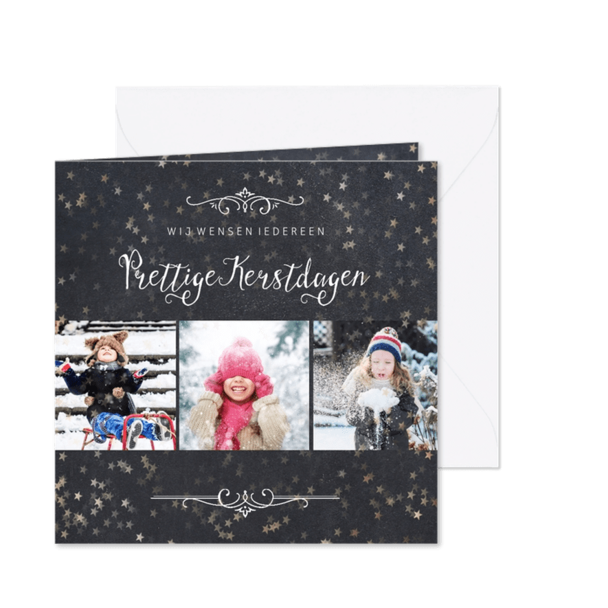 Kerstkaart 3 foto's met sterretjeseffect en krijtbord - Kaartimpressie