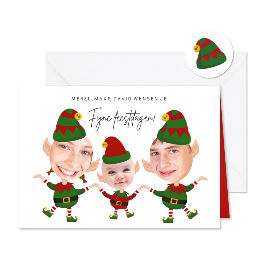 Kerstkaart 3 kerstelfjes eigen foto's - Kaartimpressie