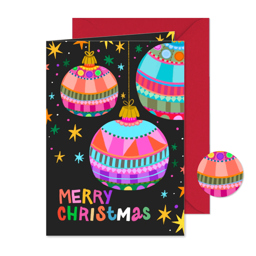 Kerstkaart 3 kleurrijke kerstballen - Kaartimpressie