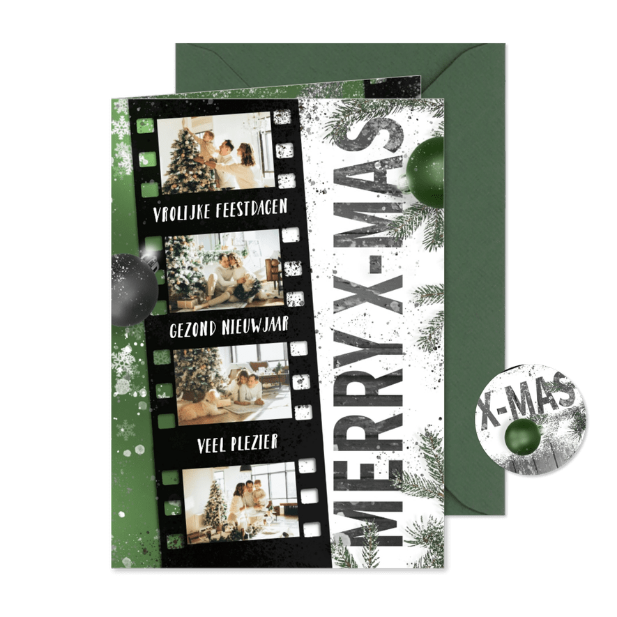 Kerstkaart 35mm fotorol op sneeuw en hout groen - Kaartimpressie