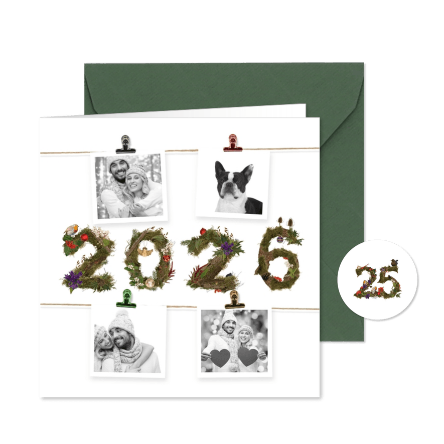 Kerstkaart 4x foto aan jute touw 2026 - Kaartimpressie