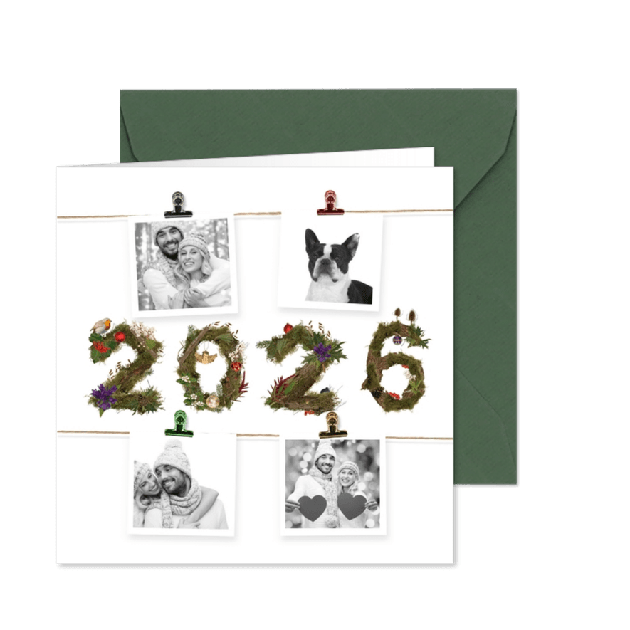 Kerstkaart 4x foto aan jute touw 2026 - Kaartimpressie