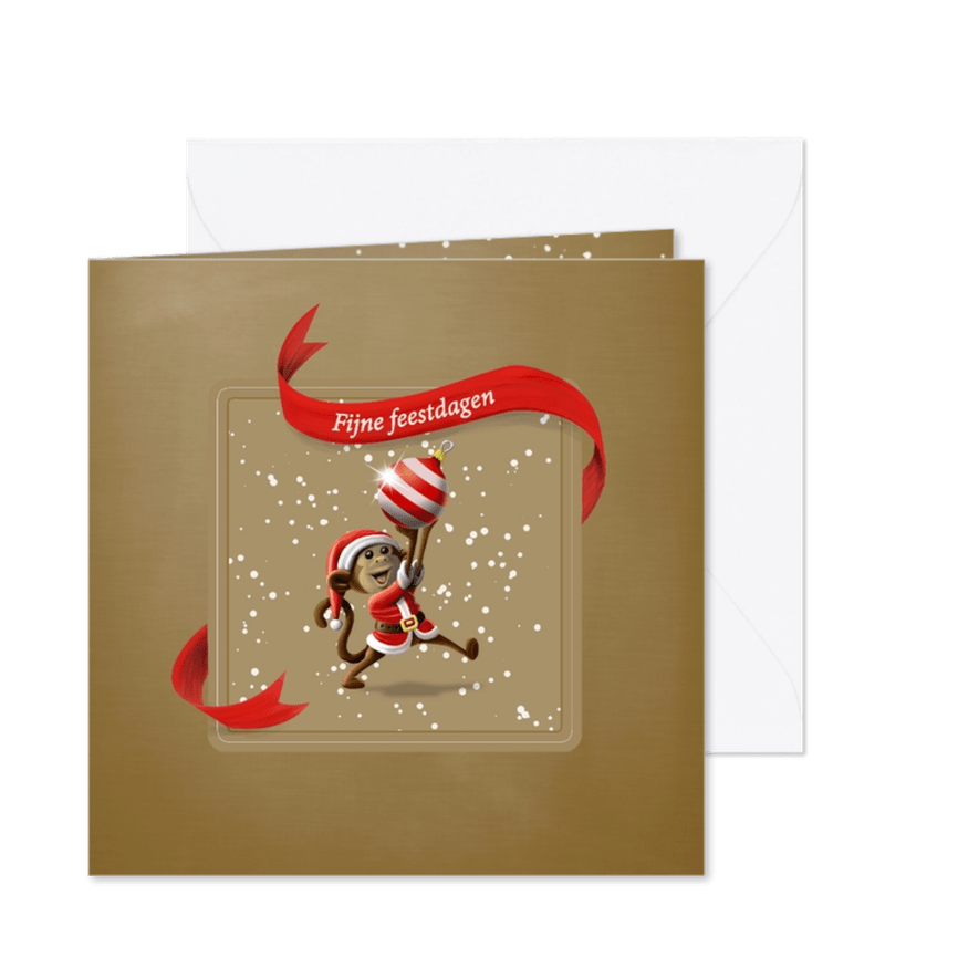 Kerstkaart aapje met kerstbal linten en sneeuw - Kaartimpressie