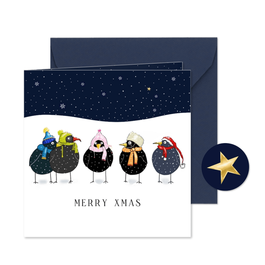 Kerstkaart acht vogels vieren kerst - Kaartimpressie